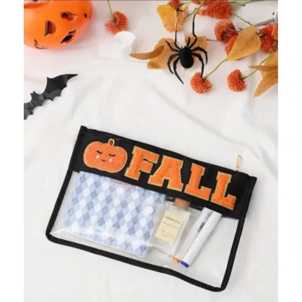 Makeup‎ Bag Fall Pumpkin Clear Cosmetic Pouch Halloween Travel Organizer NWT
